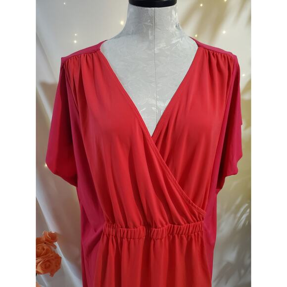 Catherines Crossover Surplice V-Neck Short Sleeve Midi Dress Size 1X Red Pink - Picture 5 of 8